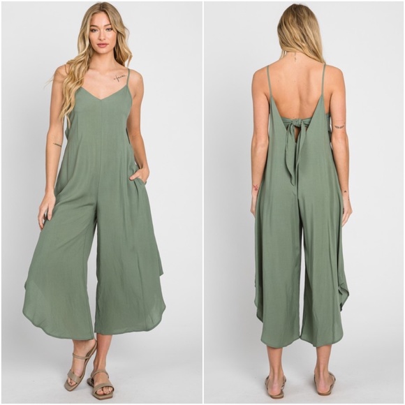 063 Solid Back Tie Cut out Wide Leg Cami Jumpsuit - Picture 4 of 9
